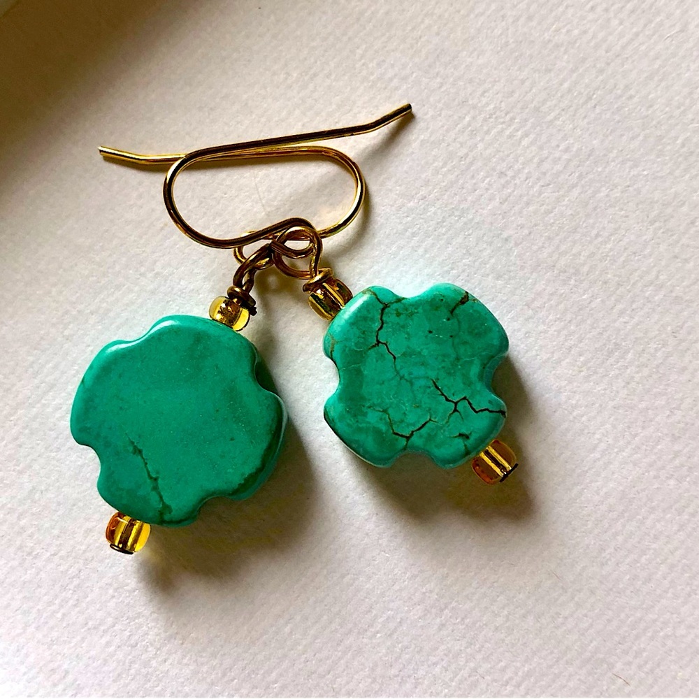 Drop earrings. Turquoise dyed stone on 14K gold-plated ear wires.